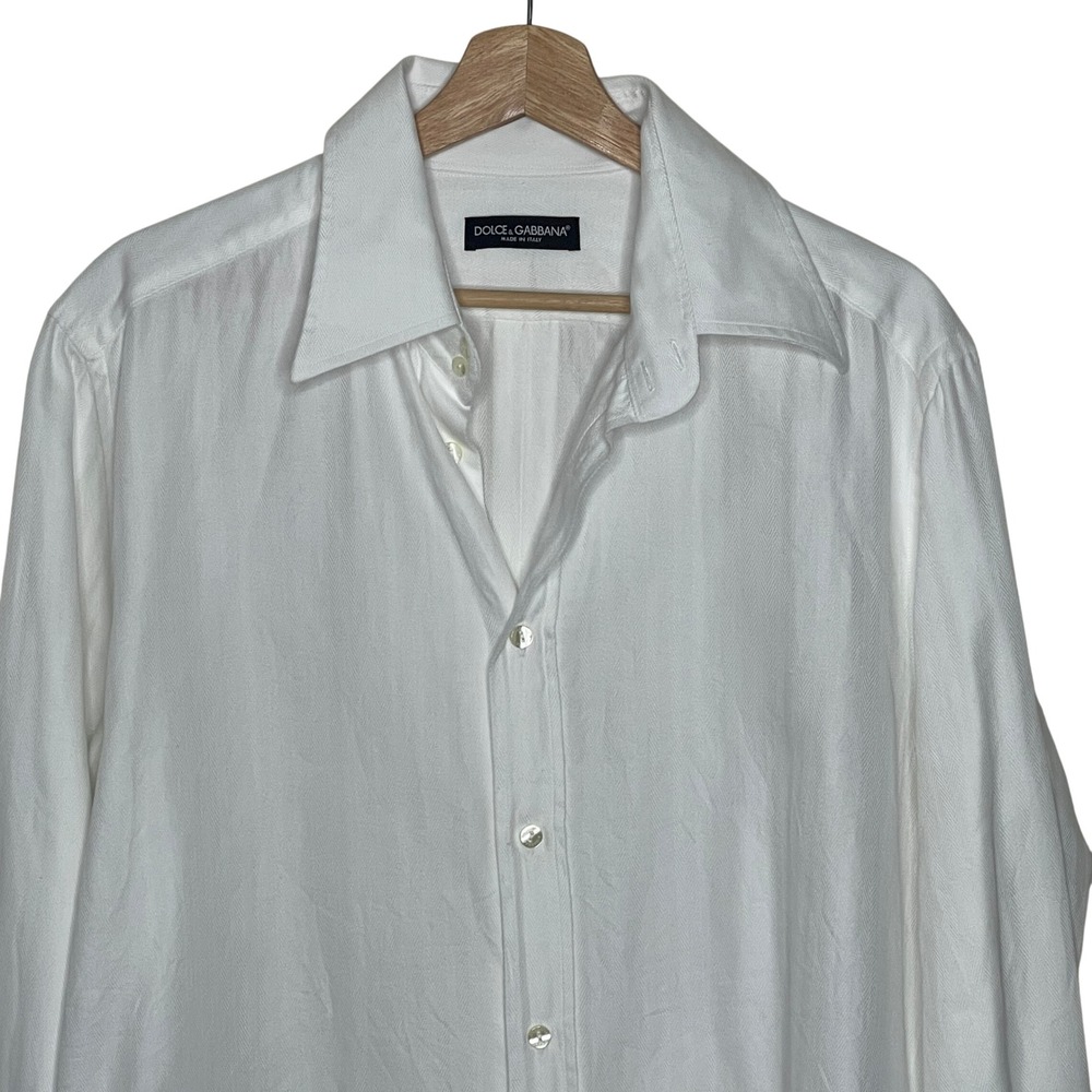 Dolce & Gabbana White Herringbone Cotton Button Down Shirt Mens 17/43 Italy - Picture 3 of 8